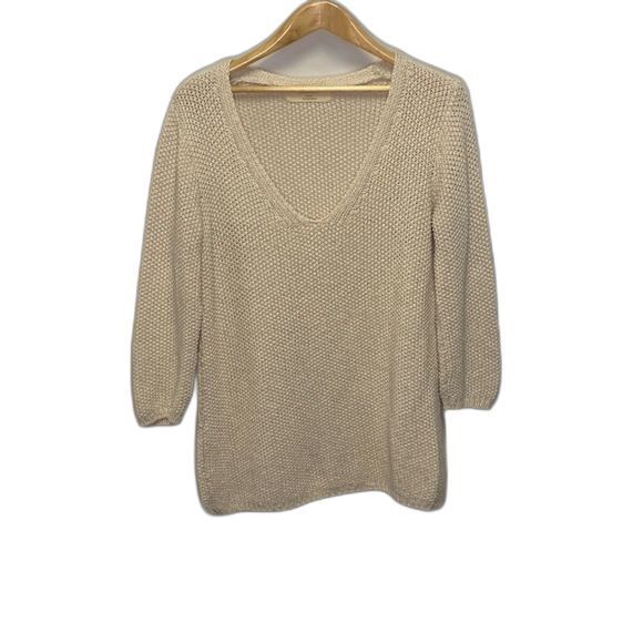 Zara Oatmeal Beige Shaker Knit Oversized V-neck 3/4 Sleeve Tunic Sweater Size M - Picture 1 of 8